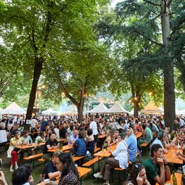 Klassische Bierzeltgarnituren auf dem Street Food Festival Die Besucher des Street Food Festivals haben auf den klassischen Bierzeltgarnituren Platz genommen und genießen die Veranstaltung.